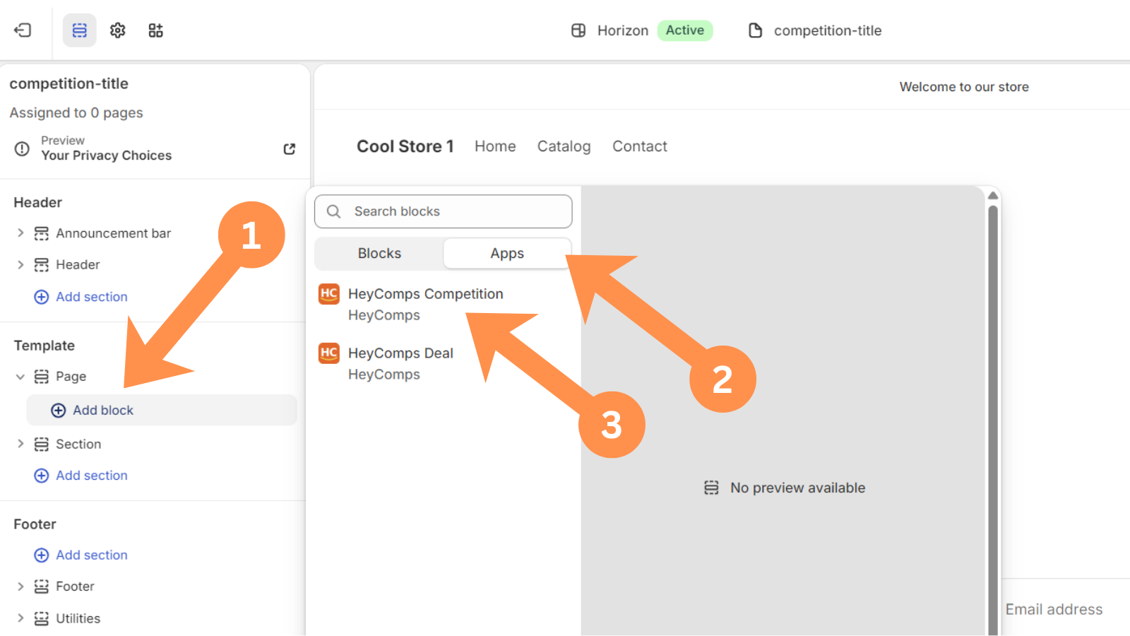 Add block, Apps tab, HeyComps Competition