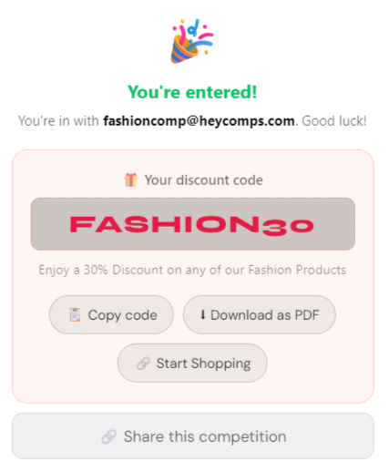 HeyComps competition entry — instant discount code revealed on entry