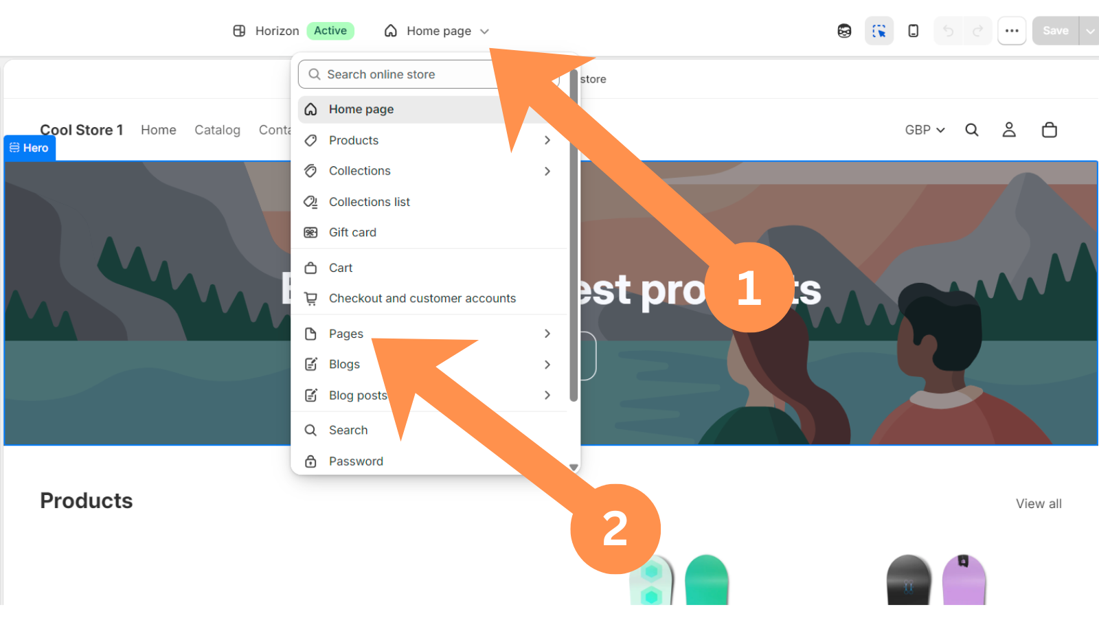 Open the template dropdown and select Pages