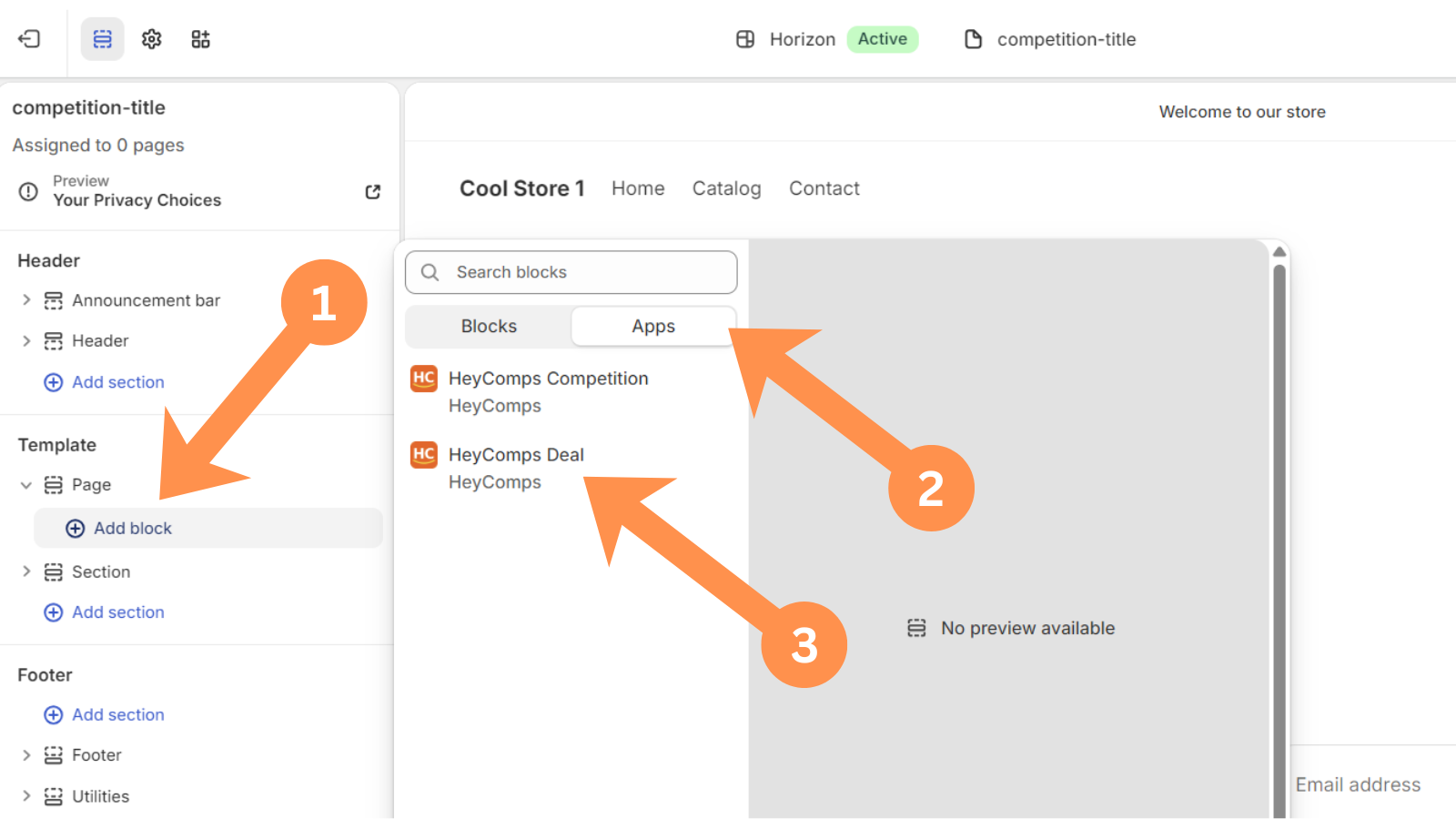 Add block, Apps tab, HeyComps Deal