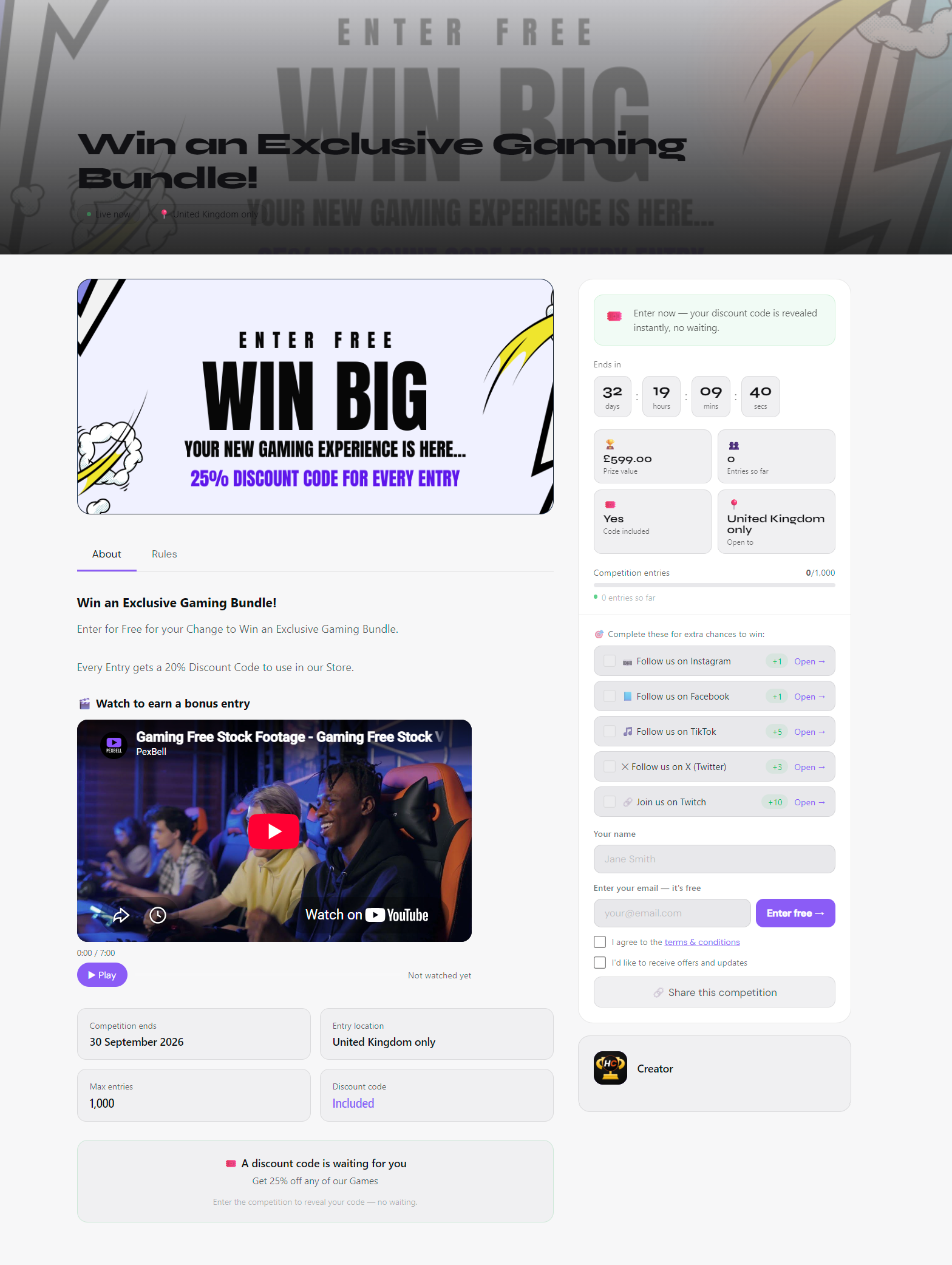 HeyComps example competition landing page — gaming giveaway