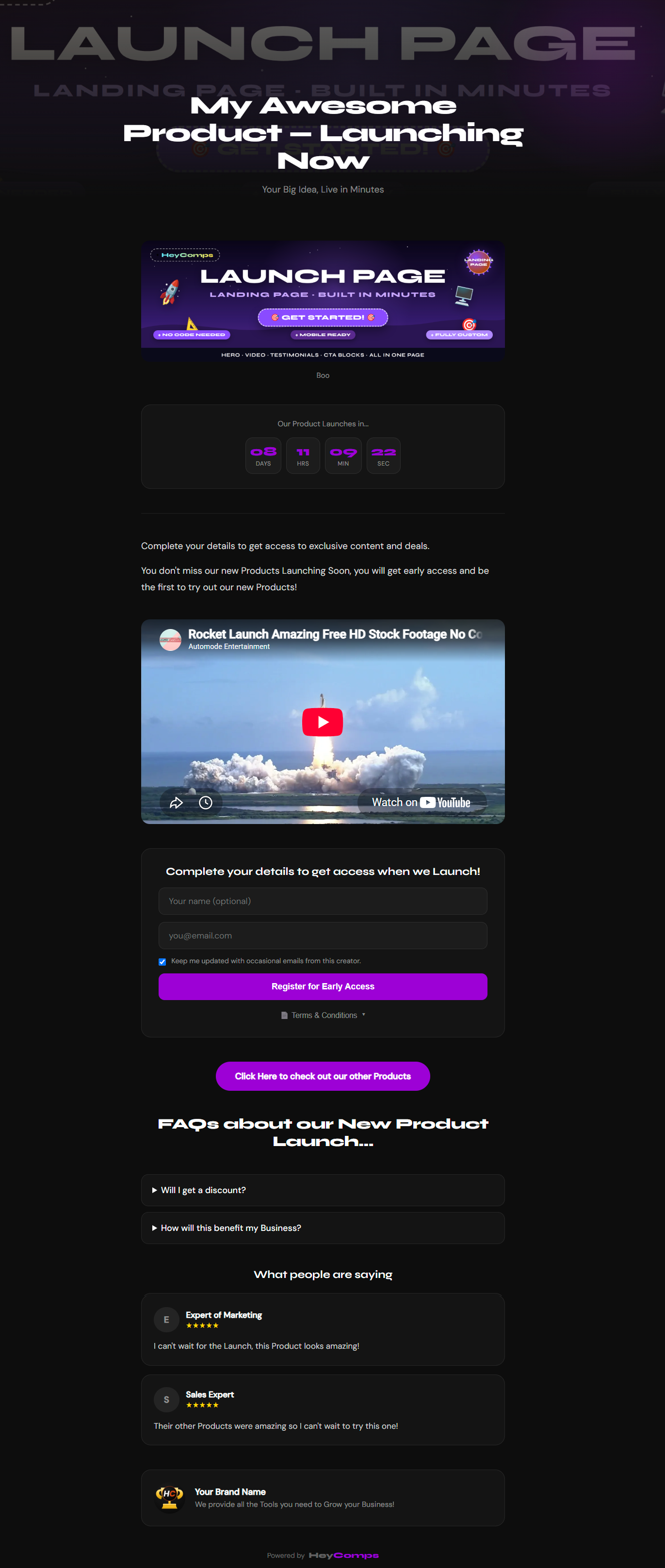 HeyComps Landing Page example — My Awesome Product, Launching Now
