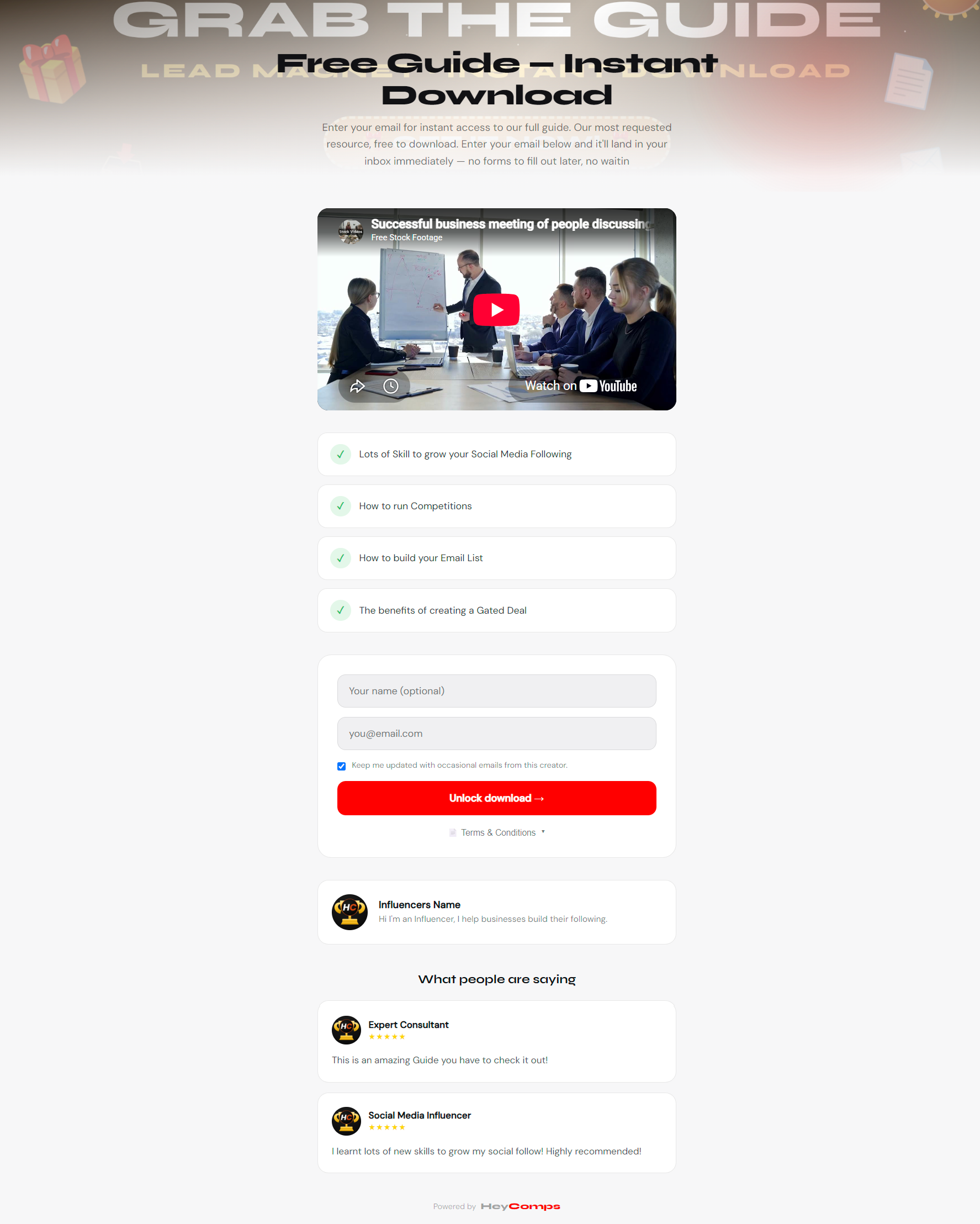 HeyComps Lead Magnet page example — Free Guide, Instant Download