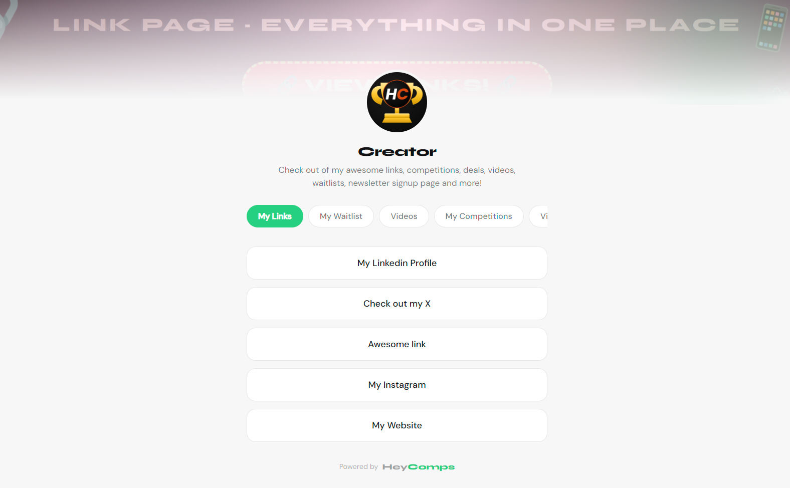 HeyComps Link Page example — Creator link-in-bio hub