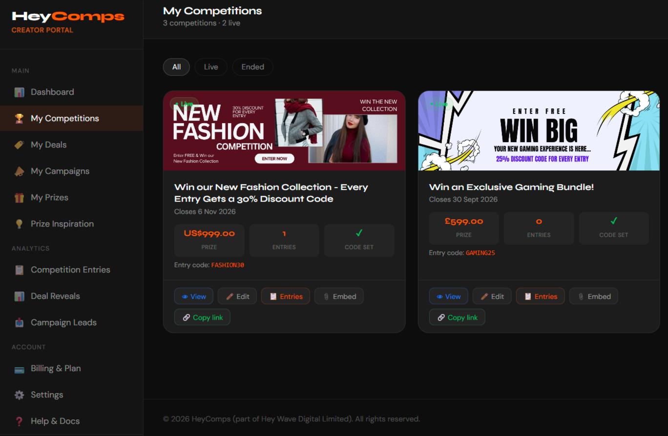 HeyComps My Competitions — manage every competition in one dashboard