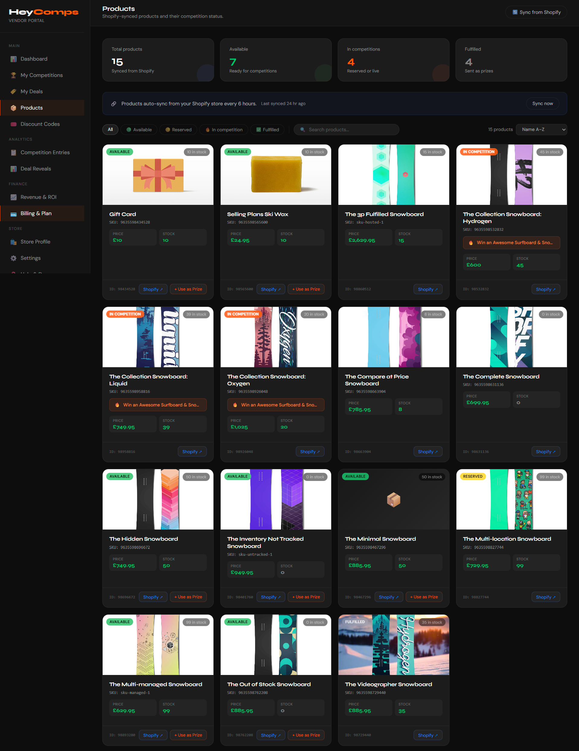 HeyComps vendor dashboard — Shopify-synced products and competition status