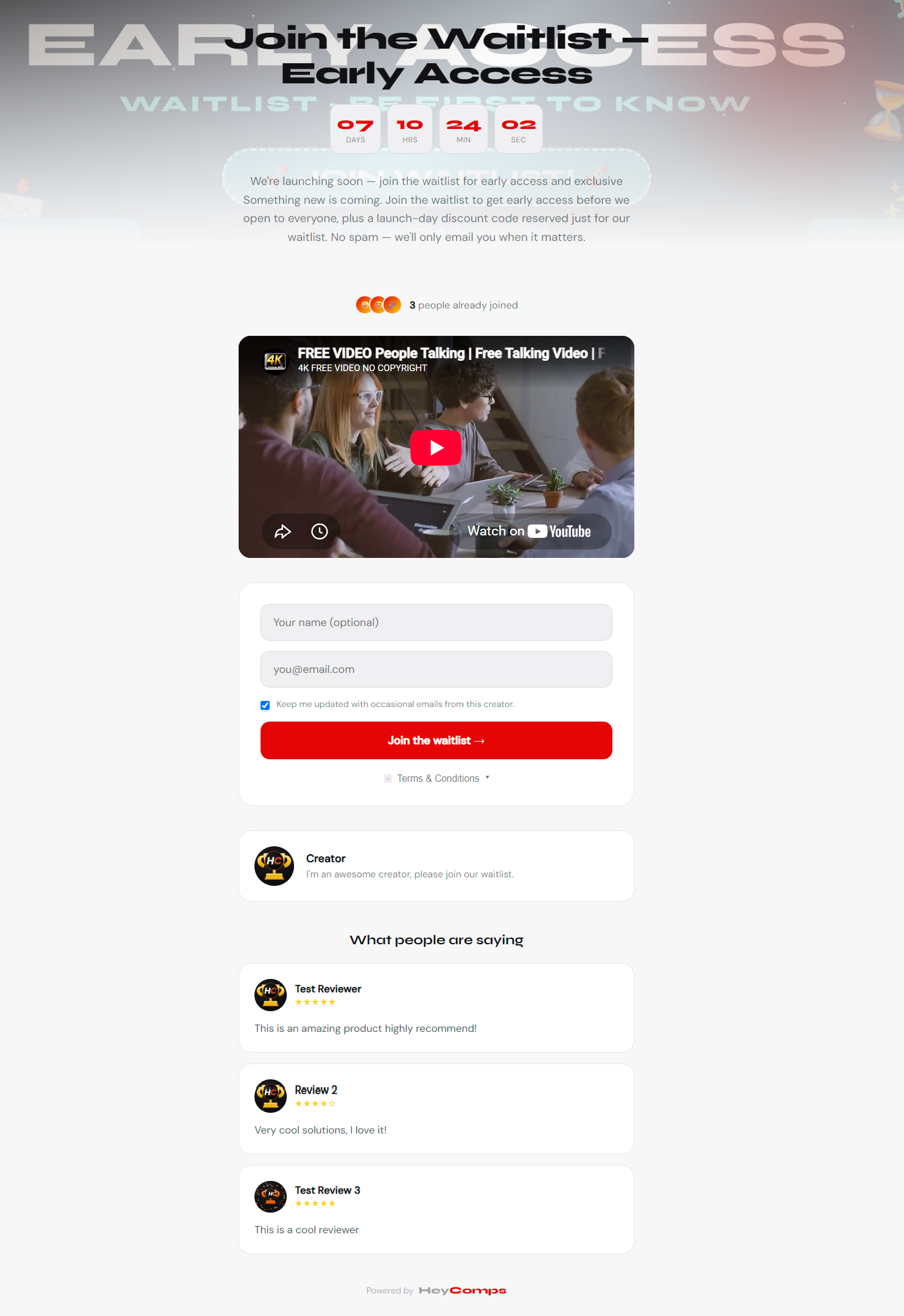 HeyComps Waitlist page example — Join the Waitlist, Early Access