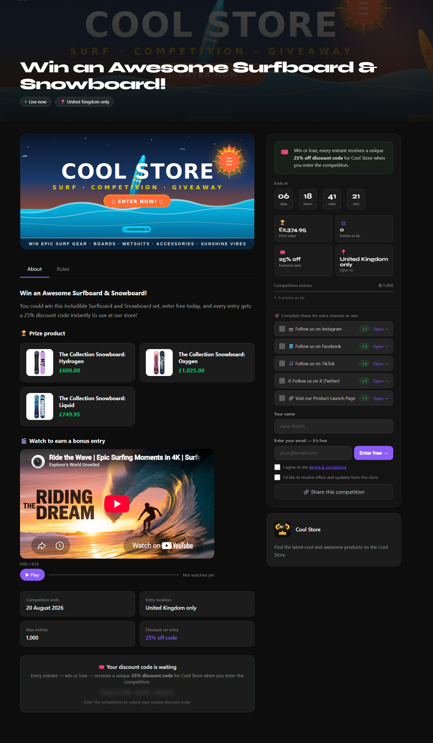 HeyComps Competition page example — Win an Awesome Surfboard and Snowboard giveaway