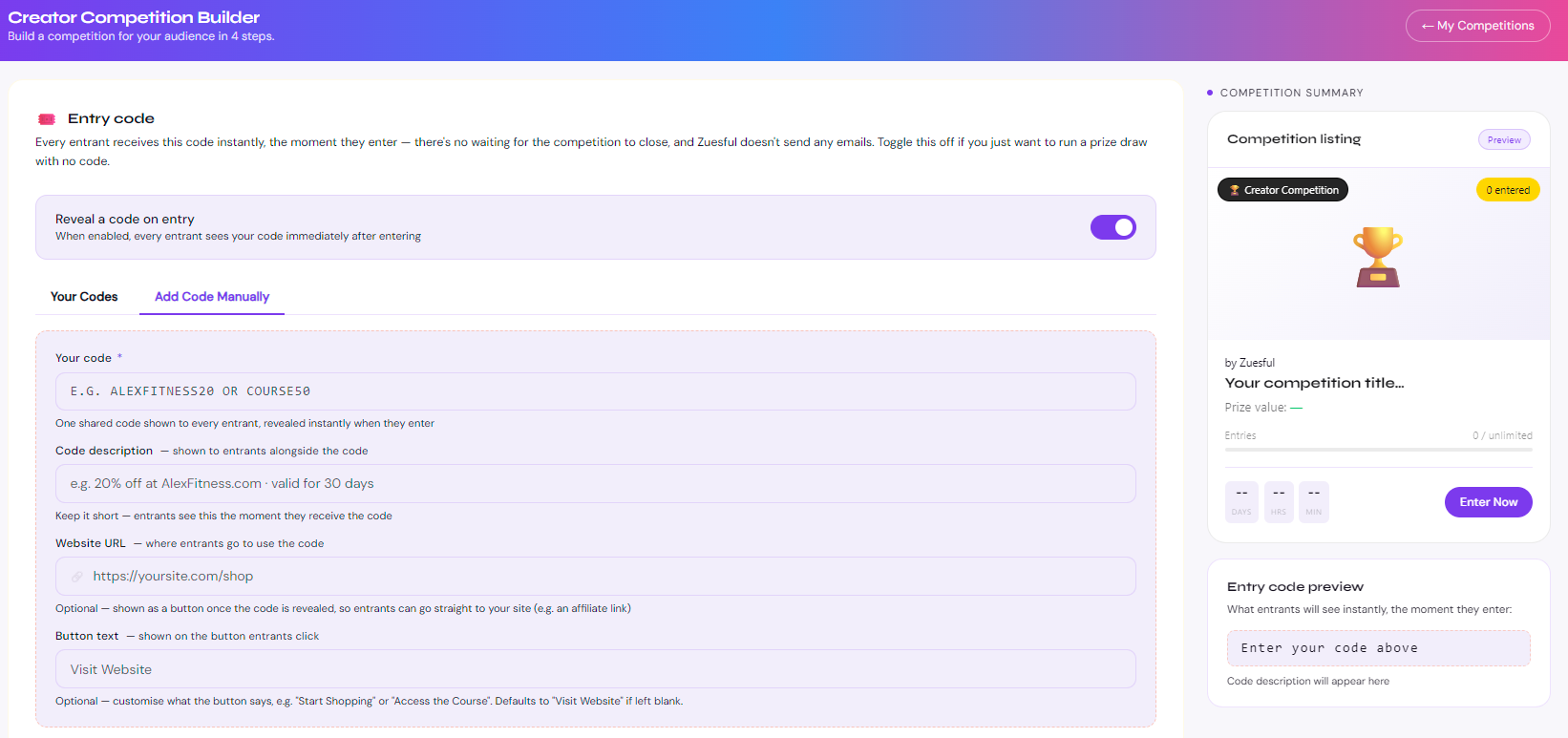 The Zuesful competition builder, showing the entry codes settings