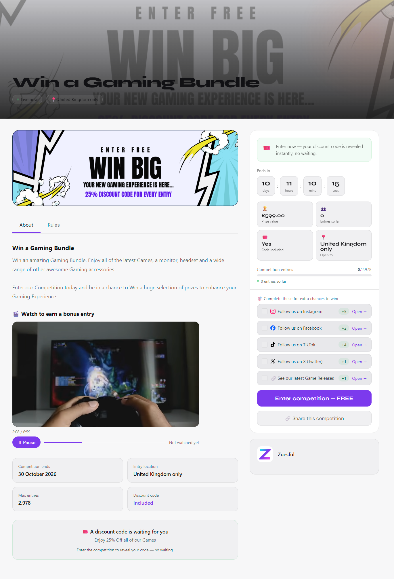 A live Zuesful competition page with a banner, prize, entry actions and countdown