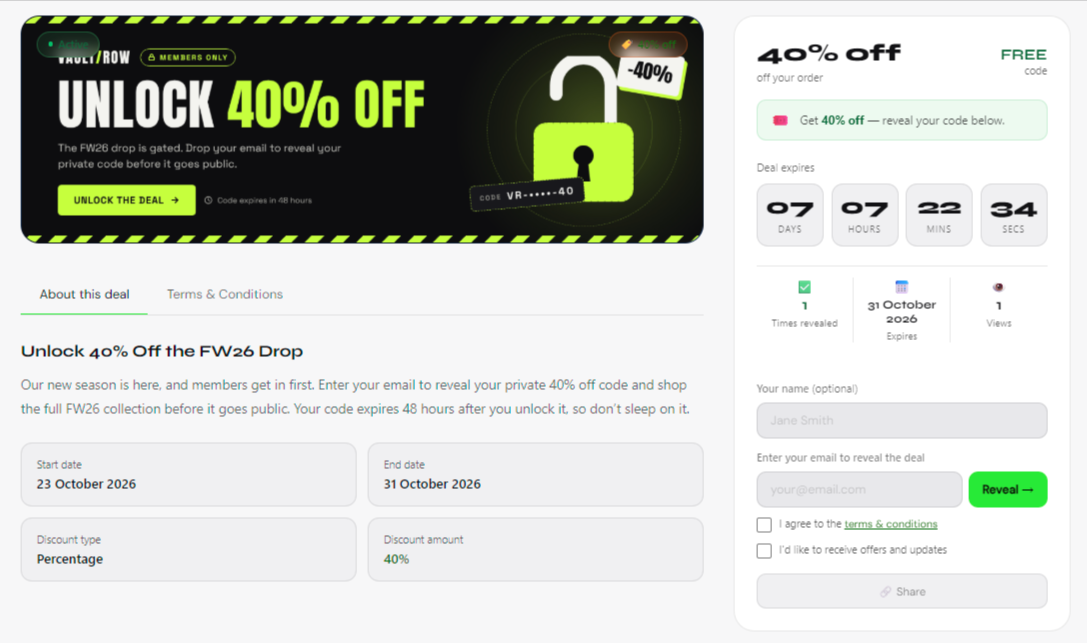 A VAULT/ROW gated deal page: unlock 40% off with an email