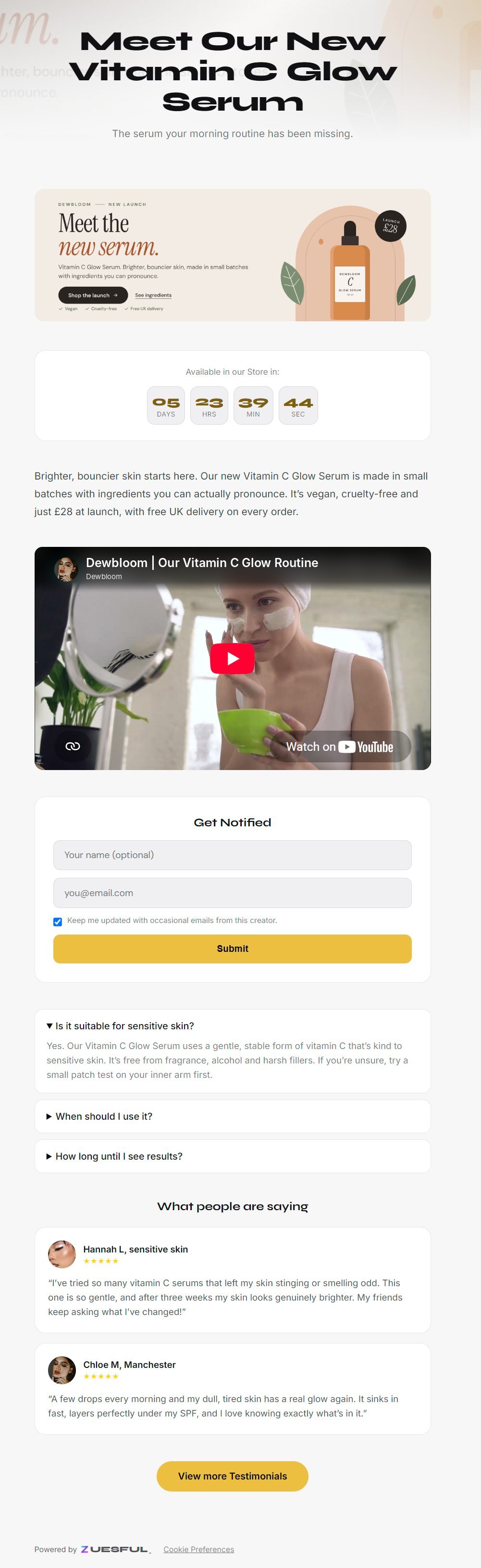 Dewbloom landing page launching a new Vitamin C Glow Serum